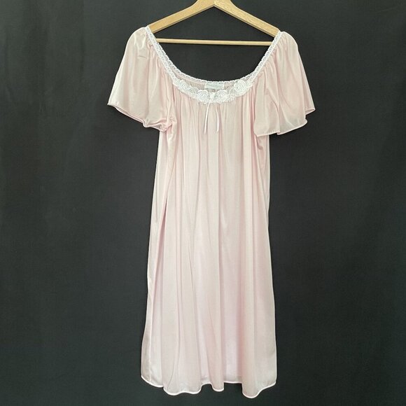 Vintage Miss Elaine Pink Nylon Nightgown Lace Trimmed Floral Embroidery Small